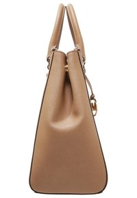 Tummanoranssi käsilaukku, jossa on teksturoitu pinta, jämäkkä muoto, kaksi yläkahvaa ja kultasävyinen koriste. Sileä viimeistely, elegantit linjat.