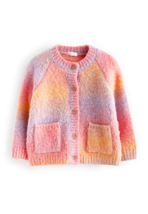 Blød, luftig cardigan med knapper foran og to lommer i en gradient af pink, lilla, orange og gule nuancer.