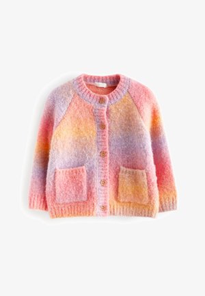 Blød, luftig cardigan med knapper foran og to lommer i en gradient af pink, lilla, orange og gule nuancer.