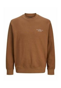 Brown sweatshirt made of cotton blend, featuring a crew neck and long sleeves. It has white text detailing on the chest. Soft texture.