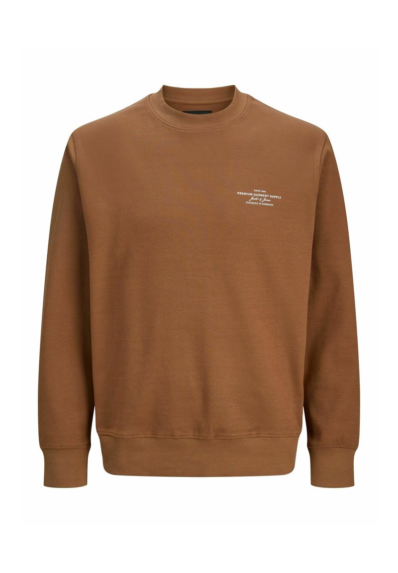 Brown sweatshirt made of cotton blend, featuring a crew neck and long sleeves. It has white text detailing on the chest. Soft texture.