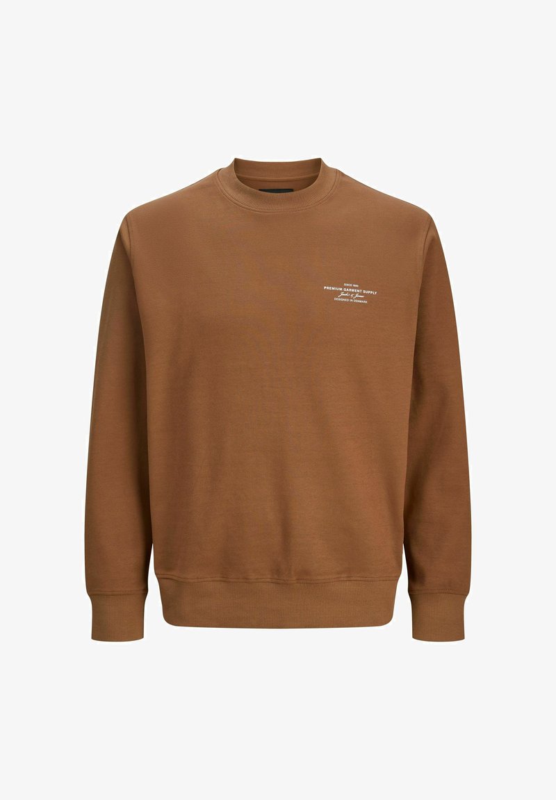 Braunes Sweatshirt aus Baumwollmischung mit Rundhalsausschnitt und langen Ärmeln. Es hat weiße Schriftzüge auf der Brust. Weicher Stoff.