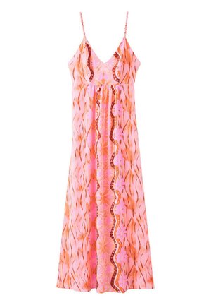 Vestido maxi rosa sin mangas con tirantes finos, escote en V y patrones florales y abstractos verticales en tonos naranja y marrón.
