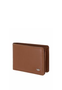 Portefeuille brun en cuir bifold avec coutures visibles et petit emblème de logo argenté dans le coin inférieur droit.