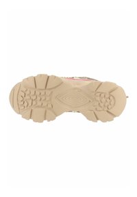 Sole di sneaker multicolore con una superficie in gomma beige testurizzata, caratterizzata da scanalature profonde e un motivo ondulato per una migliore aderenza e supporto.