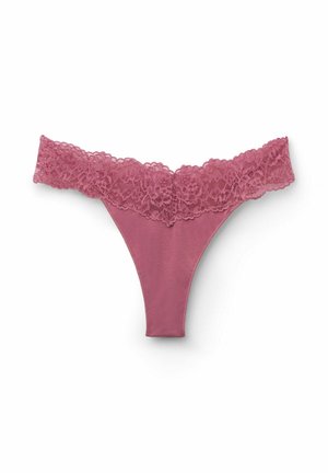 String mit Spitzenbesatz in Mauve, mit einem breiten Spitzenbund und glattem Stoff, entworfen für eine minimale Bedeckung.