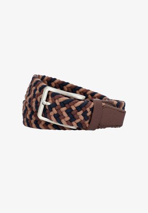 Spleciony pas materiałowy w brązowym, beżowym i granatowym kolorze z prostokątną metalową klamrą w kolorze srebrnym oraz skórzanym wykończeniem.