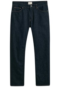 Jeans in denim blu scuro con taglio dritto, dotati di pattina con zip, cinque tasche e cuciture in contrasto. Etichetta del marchio visibile sulla vita.