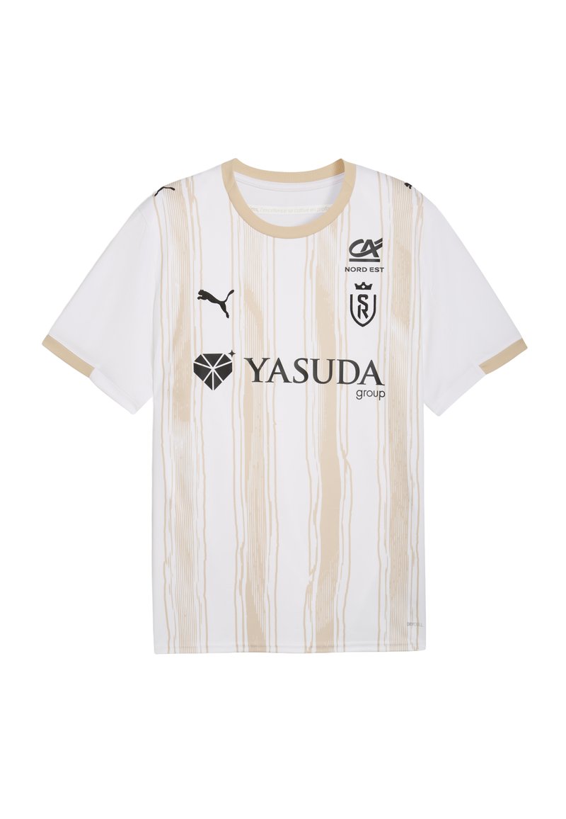 Maglietta bianca a maniche corte con strisce orizzontali dorate, con logo Puma nero e branding del gruppo Yasuda sul davanti.