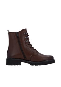 Brown leather ankle boots featuring a lace-up design, a side zipper, and a chunky black rubber sole. Smooth texture with subtle detailing.