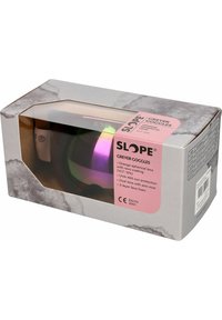 Laskettelulasit, joissa on harmaat kehykset ja oranssi pallomainen linssi, revo-pinnoite, kaksikerroksiset linssit huurteenestotoiminnolla ja 3-kerroksinen vaahto harmaassa kuvioidussa laatikossa.