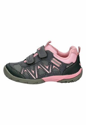 Child's athletic shoe with gray and pink accents, two Velcro straps, supportive sole, and padded pink inner lining.