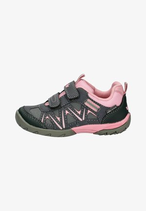 Child's athletic shoe with gray and pink accents, two Velcro straps, supportive sole, and padded pink inner lining.