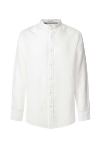 Camicia bianca a maniche lunghe in lino, con colletto alla mandarino e chiusura frontale con bottoni. Tessuto liscio senza motivi o dettagli visibili.