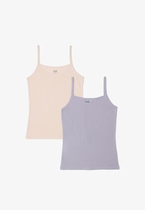 Dos camisolas sin mangas para mujer con tirantes finos, una beige y otra lila, colocadas planas con la lila ligeramente superpuesta sobre la beige.