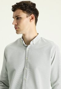 Camicia verde chiaro con bottoni, caratterizzata da un sottile motivo testurizzato, con colletto e patta dei bottoni, mostrata in vista laterale.