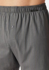 Boxers pour hommes Schiesser, en tissu gris avec des rayures verticales bleues et beiges, taille élastique et fermeture à un bouton.