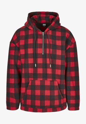 Rot-schwarz karierte Fleece-Hoodie mit einer vorderen Tasche, verstellbarem Kordelzug und Halbreißverschluss-Kragen. Weicher Stoff.
