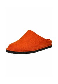 Orange filtet slip-on hjemmesko med sort sål, lav ryg og lukket rund tå, designet til indendørs brug og komfort.
