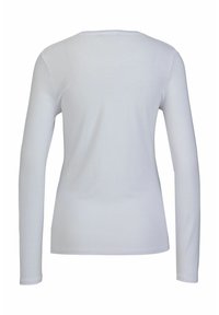 Langärmliges weißes Hemd mit rundem Ausschnitt, gefertigt aus glattem Stoff. Es hat ein schlichtes Design ohne sichtbare Verzierungen oder Muster.