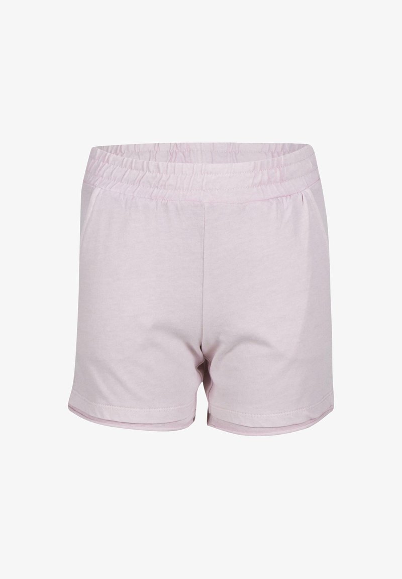 Shorts en coton rose clair avec une taille élastique, dotés de deux poches latérales et d'une finition ourlée. Design simple et sans embellissement.