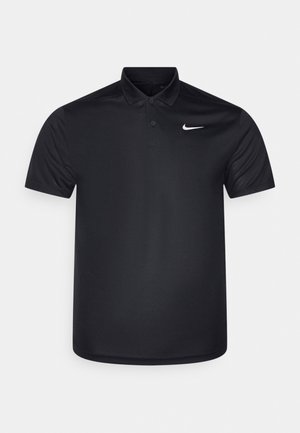 Czarna koszulka polo Nike z krótkim rękawem, kołnierzykiem, dwoma guzikami i białym logo Nike Swoosh na lewej piersi.