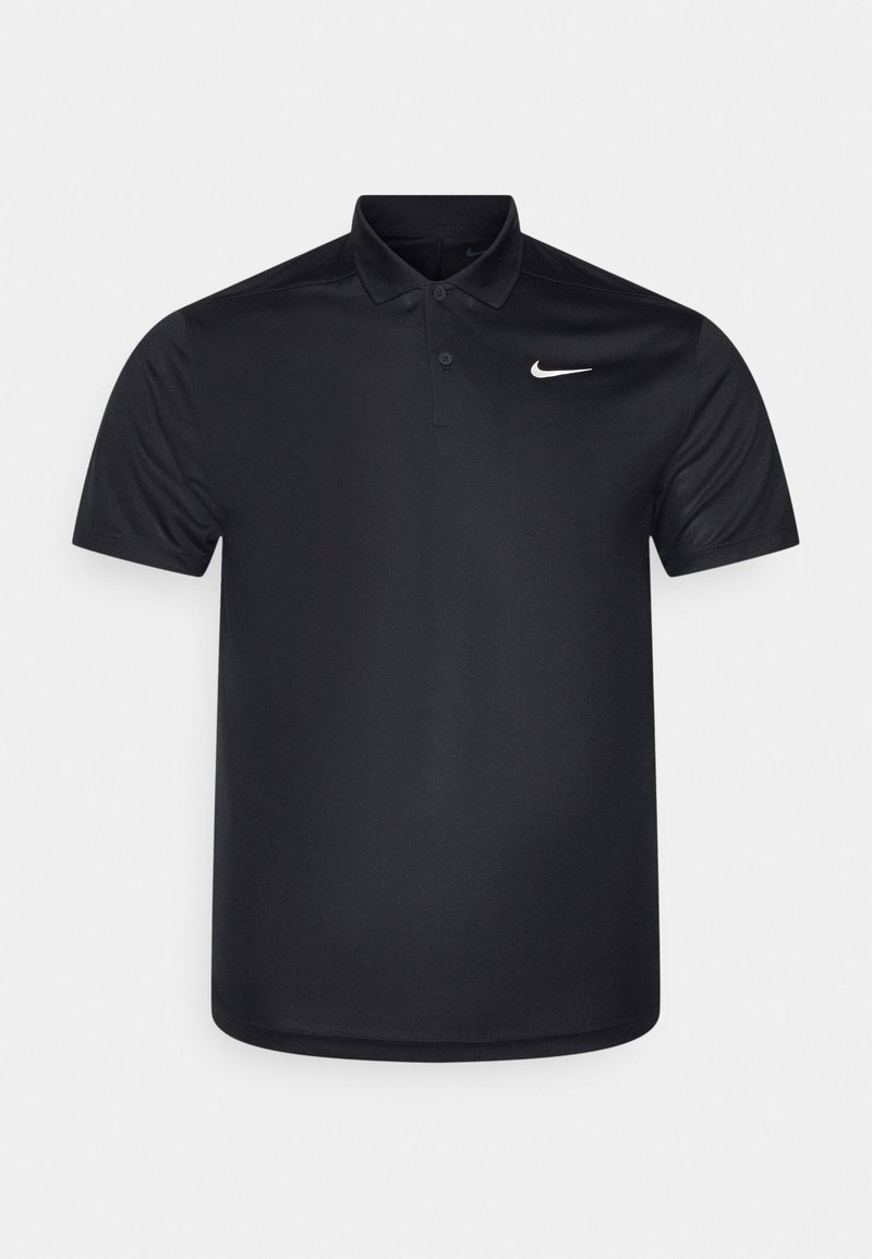 Polo noir à manches courtes Nike avec col, deux boutons et logo blanc Nike Swoosh sur la poitrine gauche.