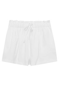 Białe szorty z mieszanki bawełny z elastycznym paskiem, zapięciem na sznurek i subtelnymi fałdami, oferujące casualowy, lekki design.