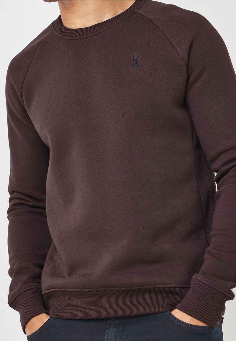 Sudadera de color marrón oscuro con cuello redondo, puños y dobladillo acanalados, y un pequeño logotipo en el pecho. Tejido suave y texturizado con mangas largas.