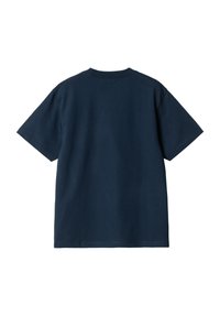 Koszulka polo z krótkim rękawem w kolorze granatowym, wykonana z bawełny. Posiada okrągły dekolt i luźny krój z gładką, jednolitą teksturą.
