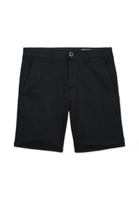 Zwarte knielange shorts met knopen aan de voorkant, riemlussen en zijzakken, weergegeven op een witte achtergrond.