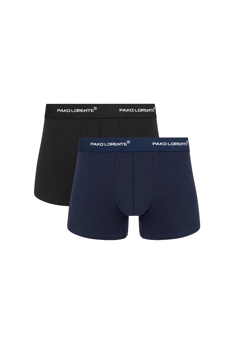 Dwie pary męskich majtek typu boxer; jedna czarna i jedna granatowa, z miękkim paskiem w logo "PAKO LORENTE". Gładki materiał bawełniany.