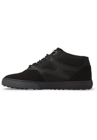 Black mid-top shoes featuring a combination of suede and mesh materials, textured side accents, and a rubber outsole with traction patterns.