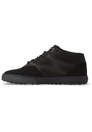 Black mid-top shoes featuring a combination of suede and mesh materials, textured side accents, and a rubber outsole with traction patterns.