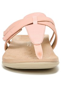 Pink synthetic sandals with a structured strap design, textured accents, and a cushioned beige footbed for comfort and stability.