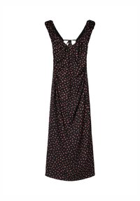 Robe noire à manches courtes à volants, detail à nouer au niveau du cou, et motif floral rose dispersé. Fabriquée en tissu léger, longueur genoux.