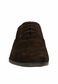Brown suede shoes with a smooth texture, featuring a lace-up design, rounded toe, and contrasting stitching along the sides.