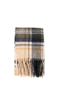 Écharpe en laine à carreaux présentant des couleurs gris, marine et crème avec des accents orange, finie par des bords à franges pour ajouter de la texture.