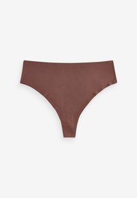 Bruine, gladde stoffen bikini-broek met een hoog uitgesneden ontwerp en naadloze randen. Minimalistische stijl, geen zichtbare hardware of versieringen.