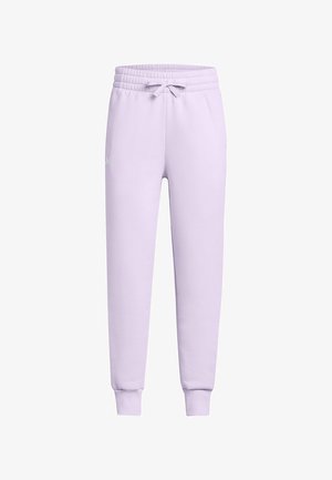 Pantalones de chándal morados claros con cintura elástica, cordón y puños de punto en los tobillos. Presenta un sutil detalle de logo en el lateral.