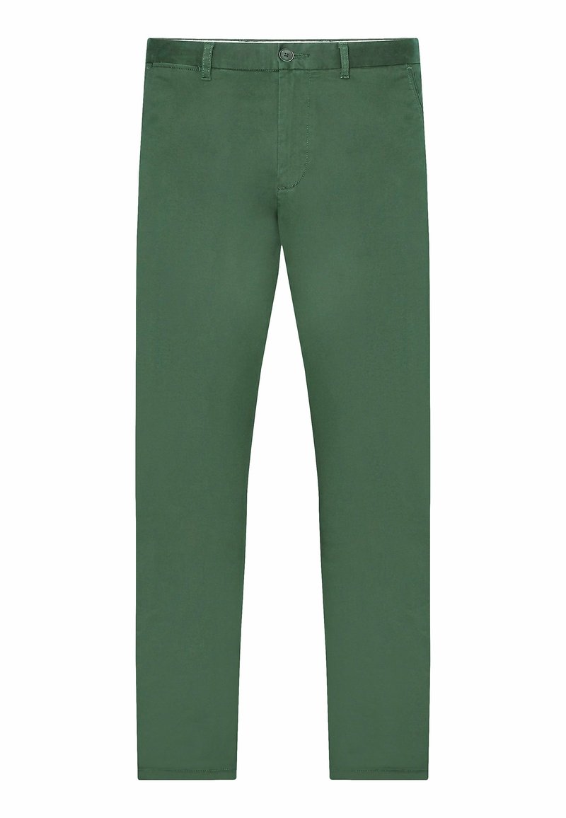 Pantaloni in cotone verdi con una texture liscia, vestibilità dritta, tasche anteriori, chiusura con zip e bottone in metallo. Design semplice senza motivi.