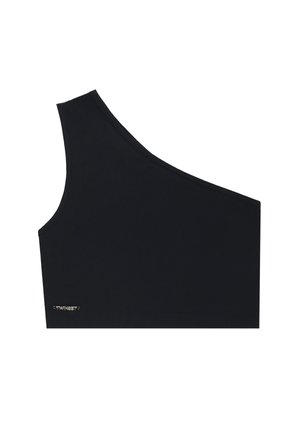 Top corto nero monospalla con piccolo logo metallico Twinset vicino all'orlo inferiore.