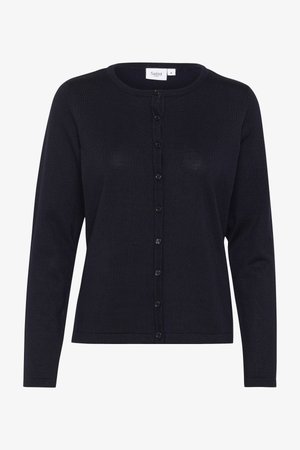 Tengerészkék kardigán, puha kötött anyagból készült, kerek nyakkivágással, hosszú ujjaival, és gombos záródással elöl.