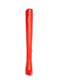 Stivale rosso sopra il ginocchio con finitura in pelle liscia, punta a mandorla e chiusura con zip laterale. Presenta una silhouette alta e slanciata.