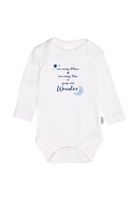 Weißer Babybody mit langen Ärmeln, der mit navyblauem Drucktext und einer Grafik eines Mondes mit Sternen versehen ist. Druckknöpfe am Boden.