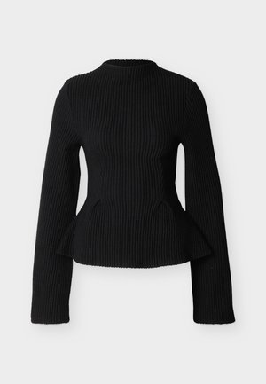 Černý žebrovaný top s dlouhým rukávem, přiléhavým pasem a mírným rozšířením do volánku, s vysokým kulatým výstřihem a texturovanou pleteninou.