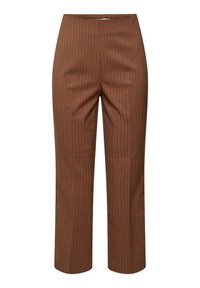 Brązowe spodni w kratę o prostym kroju, z miękką teksturą i średnim wkładem w pasie z elastycznymi gumkami. Nogi są dopasowane, zapewniając schludne wykończenie.