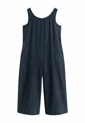 Ärmelloser dunkelblauer Denim-Overall mit weitem Bein und Rundhalsausschnitt, designed für eine lockere Passform.