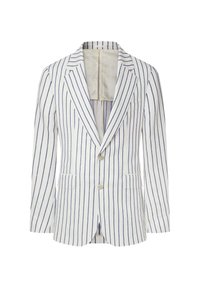 Blazer rayé en tissu coton mélangé blanc et bleu, présentant deux poches avant, des revers crantés et une fermeture à un bouton.