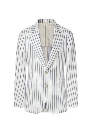 Blazer a rayas en tejido de algodón mezcla en blanco y azul, con dos bolsillos delanteros, solapas de muesca y cierre de un botón.